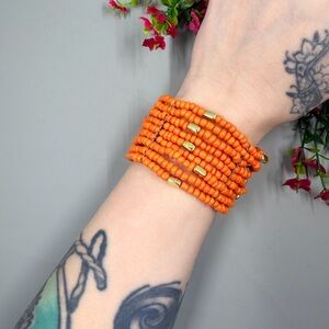 Orange Wood Beaded Bracelet with Gold Accents